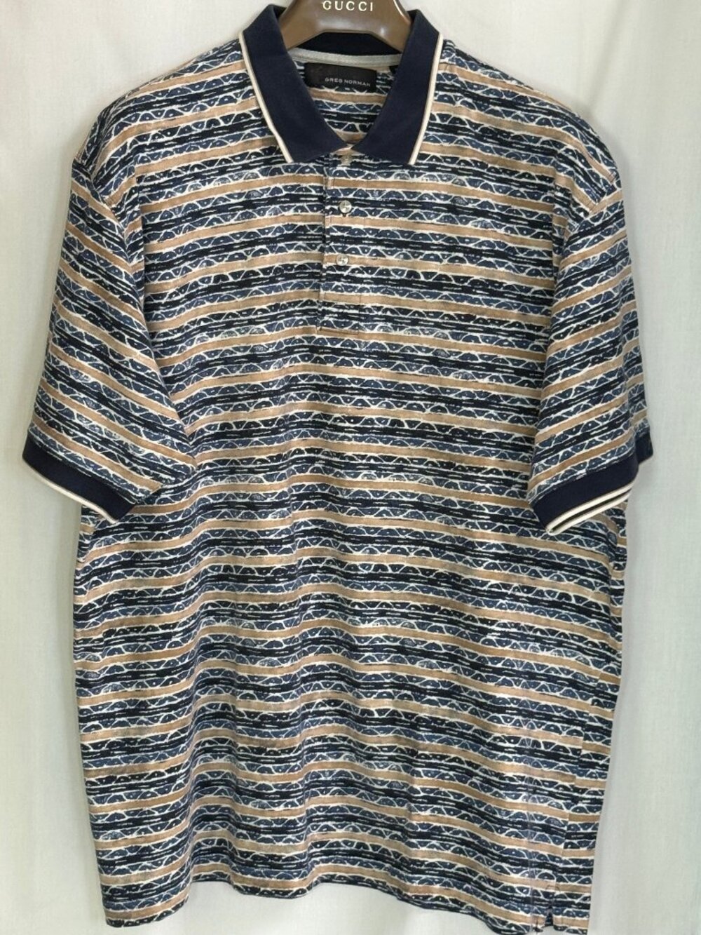 Greg Norman Men's Short Sleeves w/ Collar Printed Polo Shirt-Indigo Blue/Tan-XXL